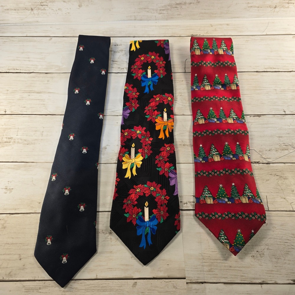 Lot of 3 Christmas Ties Towncraft Zylos Red Navy Black Holiday Neckties Bundle
